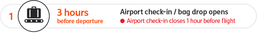 Airport check-in and bag drop opens 3 hours before departure and closes 1 hour before the flight