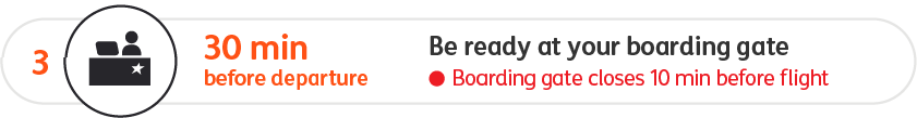 Be ready at your boarding gate 30 minutes before departure. The boarding gate closes 10 minutes before your flight