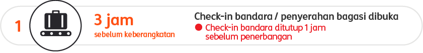 Check-in bandara dan penyerahan bagasi dibuka 3 jam sebelum keberangkatan dan ditutup 1 jam sebelum penerbangan