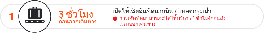 บริการเช็คอินและดาวน์โหลดกระเป๋าสัมภาระที่สนามบินจะเปิดให้บริการล่วงหน้า 3 ชั่วโมงและปิดให้บริการใน 1 ชั่วโมงก่อนถึงเวลาออกเดินทาง