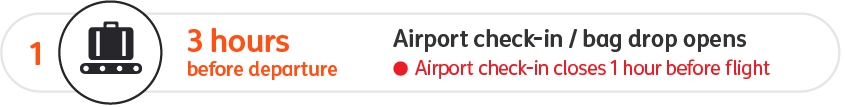 Airport check-in and bag drop opens 3 hours before departure and closes 1 hour before the flight
