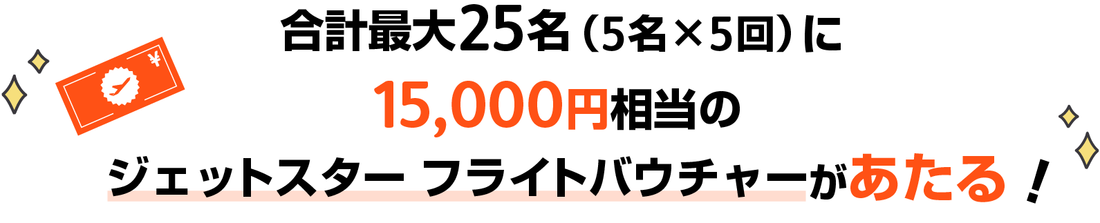 合計最大25名（5名×5回）に15,000円相当のジェットスター・フライトバウチャーがあたる！